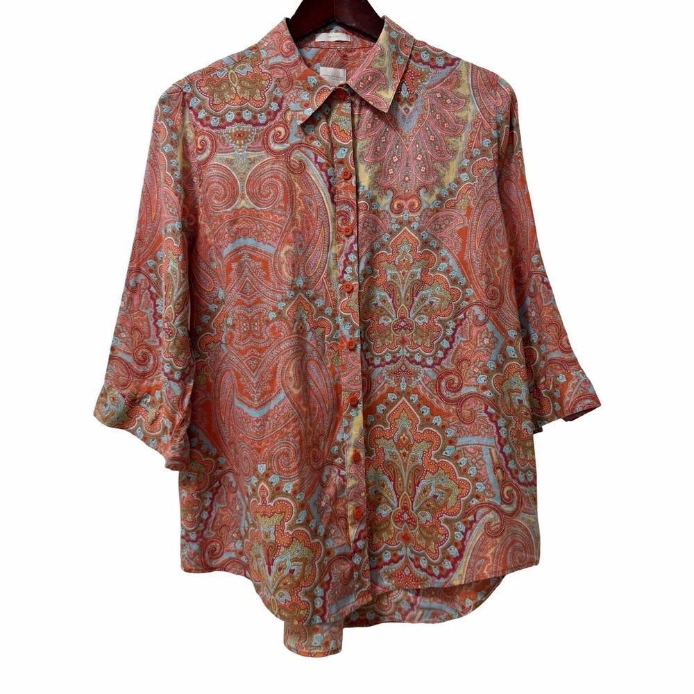 Chicos Womens 100% Linen‎ Paisley Button Up Shirt Size LP Orange Beachy Resort